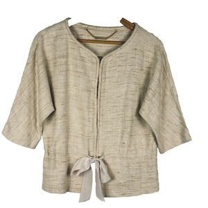 TRINA TURK 100% Raw Silk Cropped Kimono Jacket Sz 6 Natural Drawstring Waist